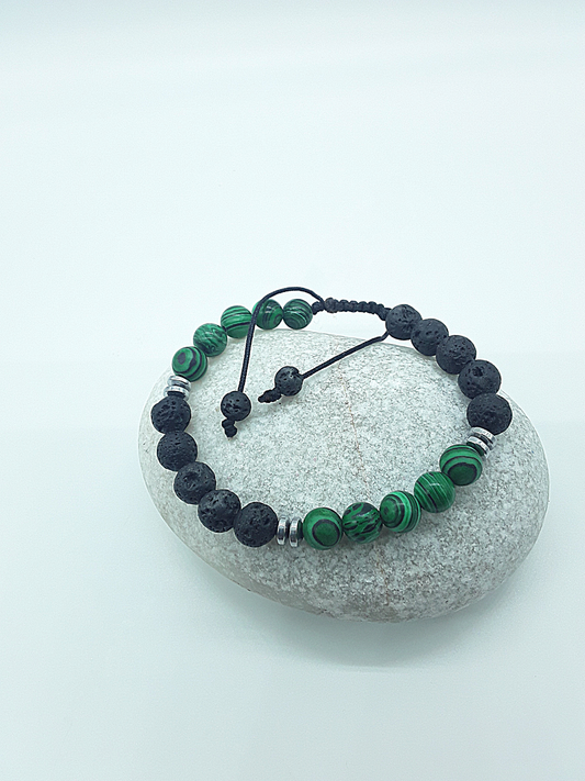 The Guardian Flame Bracelet by Polmadeva – malachite, lava stone and hematite bracelet symbolizing courage, resilience, and fearless growth