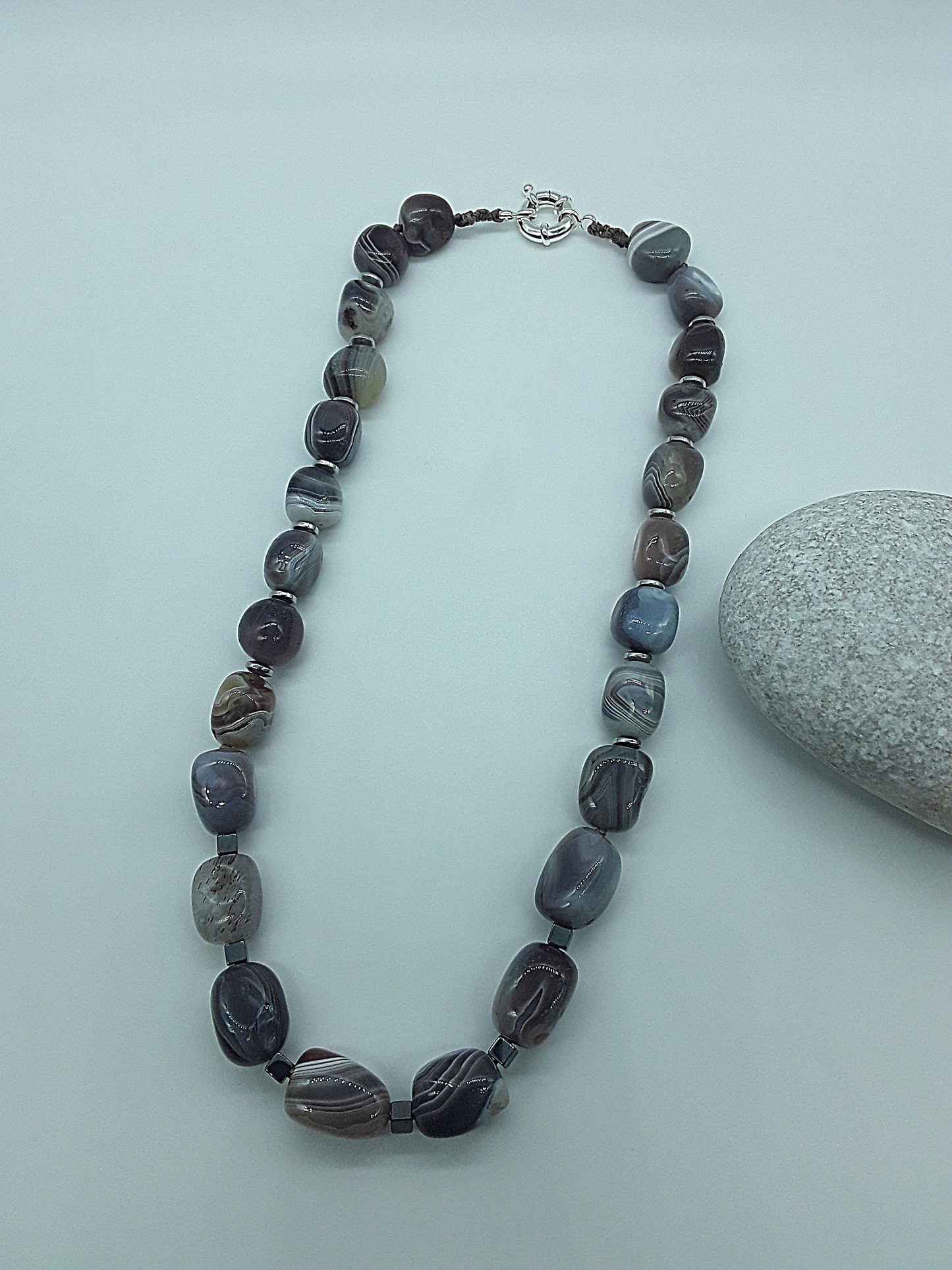 The Earth Horizon Necklace by Polmadeva – Botswana Agate and Hematite necklace inspired by ancient landscapes and grounded harmony.