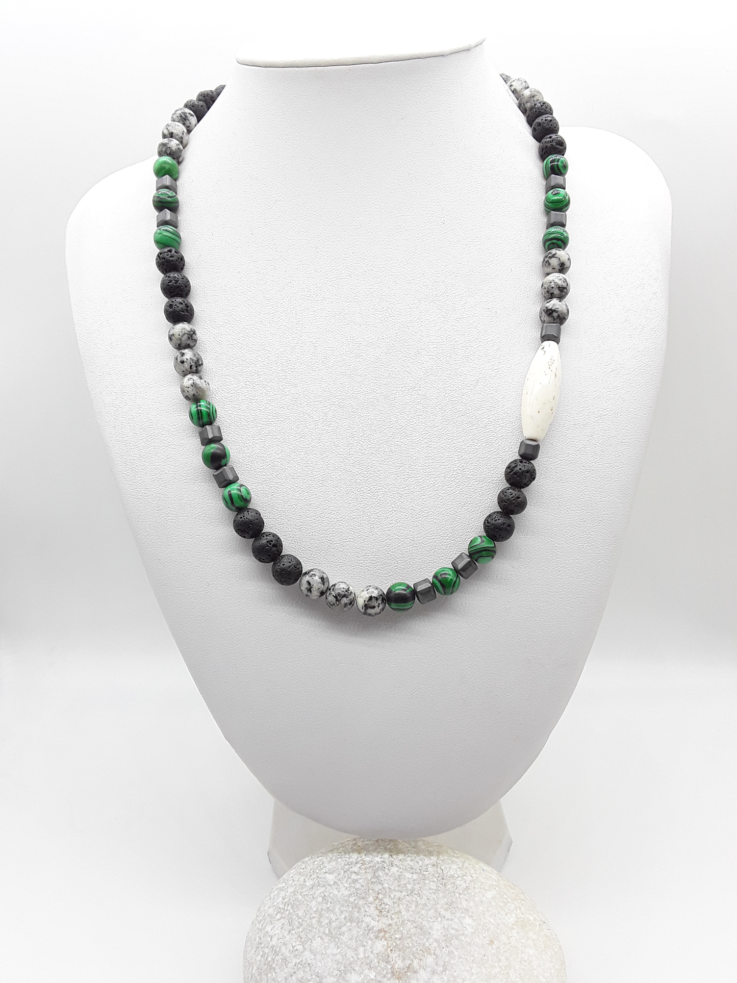 The Silent Strength Necklace by Polmadeva – malachite, lava stone, jasper, hematite and turquoise necklace symbolizing inner power, grounding, and resilience