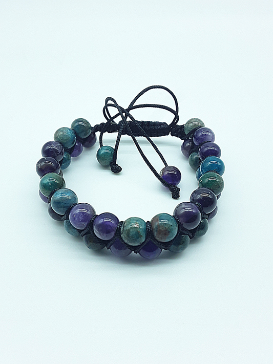 The Soul Renewal Double Bracelet by Polmadeva – amethyst and apatite double-strand bracelet symbolizing clarity and new beginnings