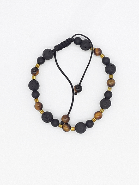 The Fourfold Vision Set by Polmadeva – handcrafted necklace & bracelet with Lava Stone, Tiger’s Eye, Black Onyx & Hematite, symbolizing balance, clarity & endurance.