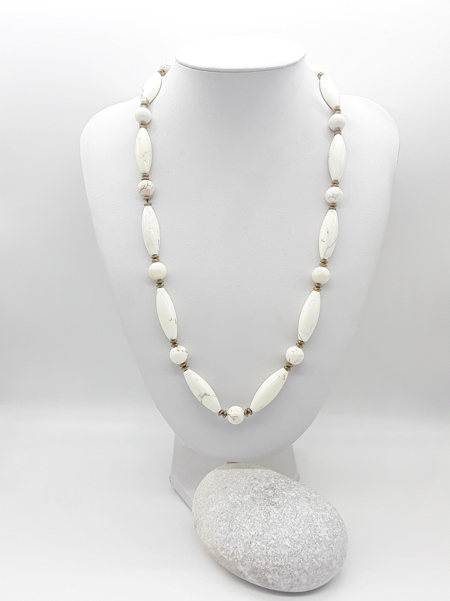 The Ivory Dawn Necklace by Polmadeva – Turquoise and Hematite necklace symbolizing purity, balance, and renewal with gold clasp.