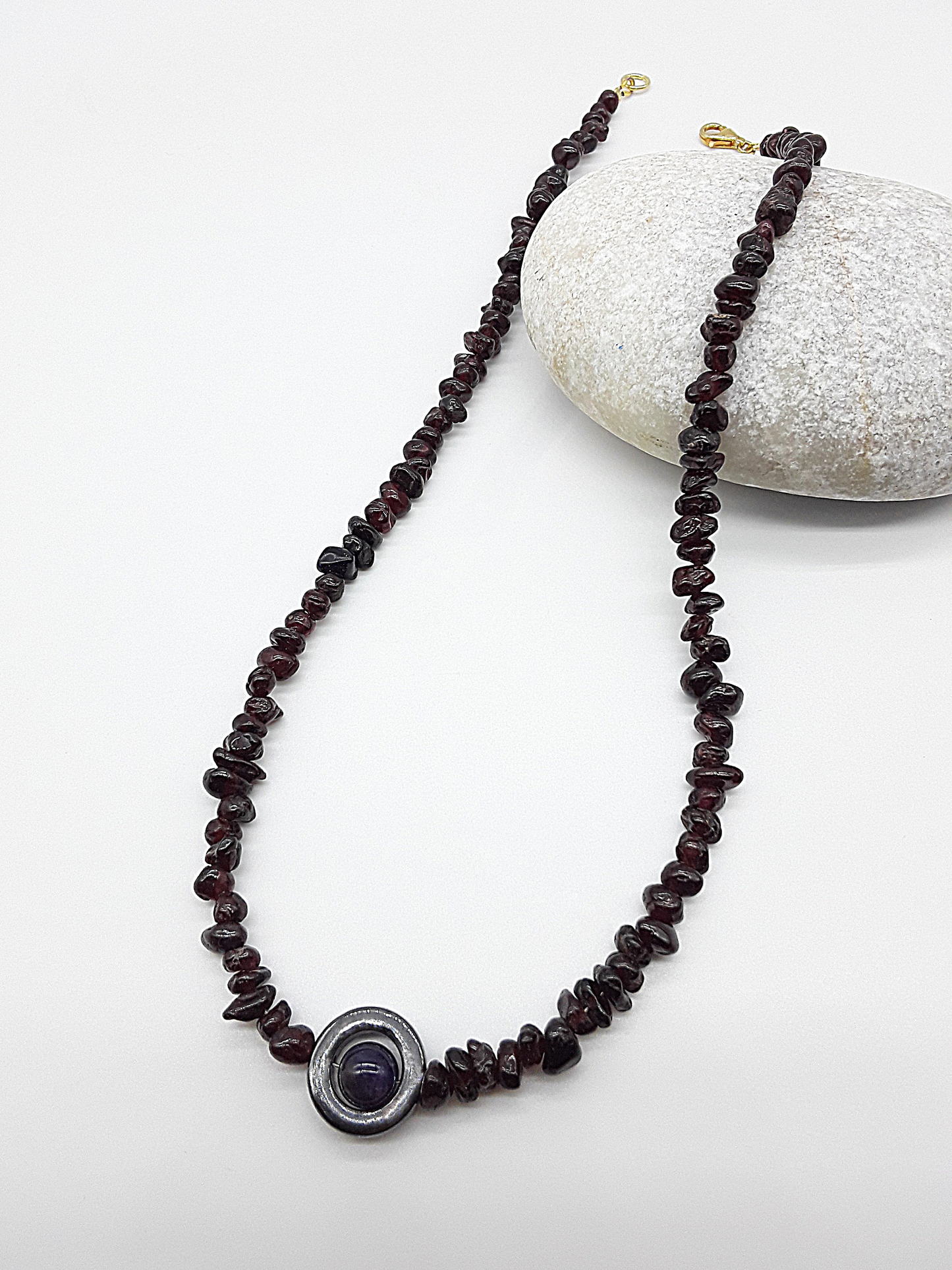 The Flameborn Necklace by Polmadeva – garnet, hematite and amethyst necklace with 925 silver clasp symbolizing courage, passion, and resilience