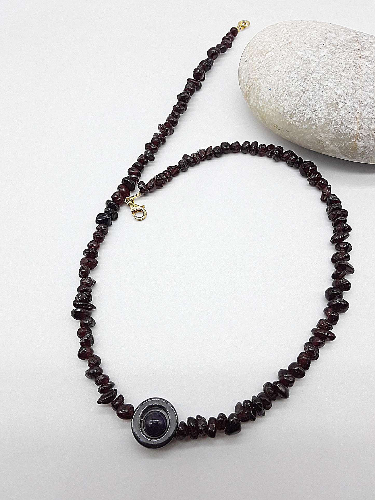 The Flameborn Necklace by Polmadeva – garnet, hematite and amethyst necklace with 925 silver clasp symbolizing courage, passion, and resilience
