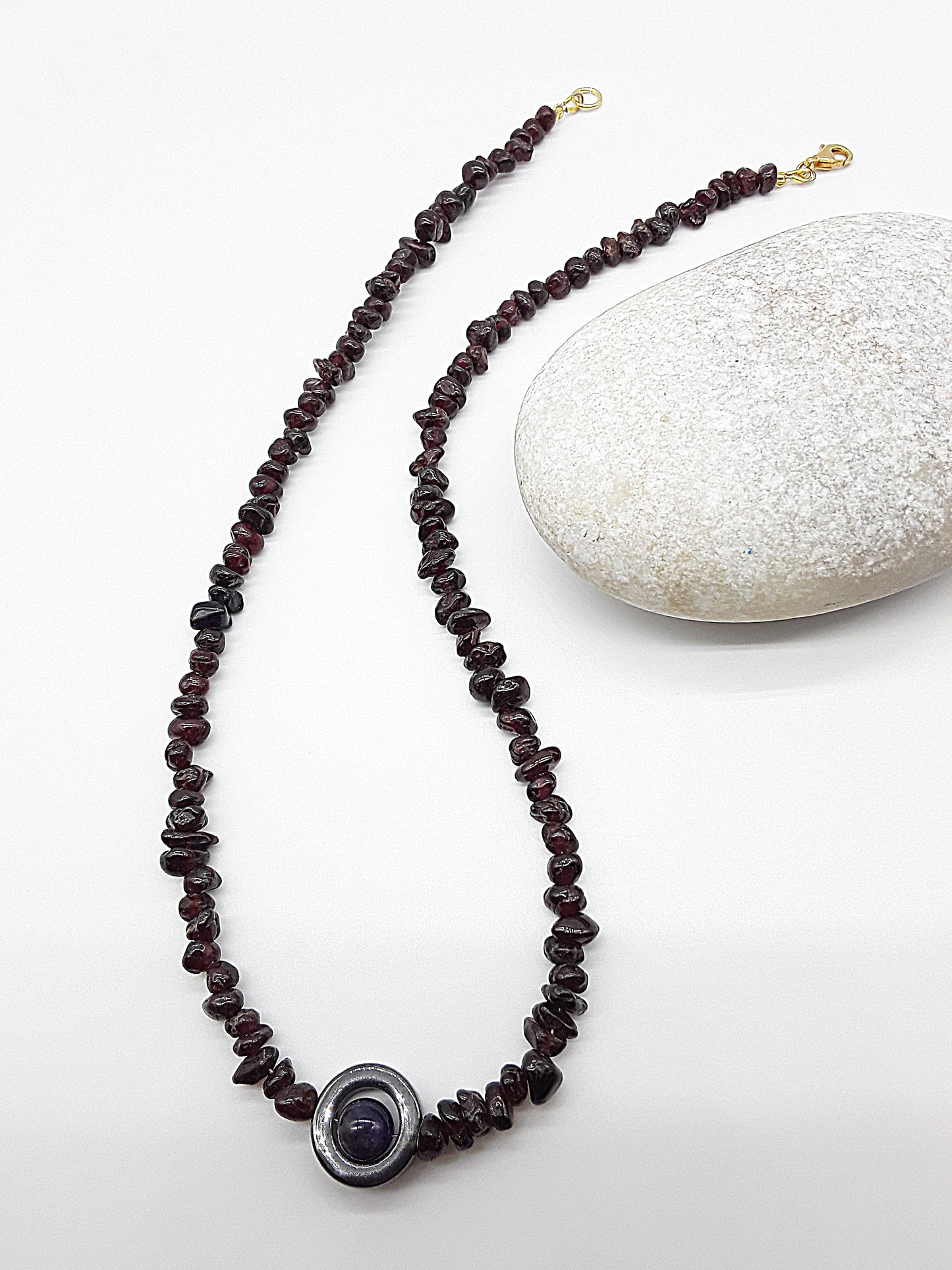 The Flameborn Necklace by Polmadeva – garnet, hematite and amethyst necklace with 925 silver clasp symbolizing courage, passion, and resilience