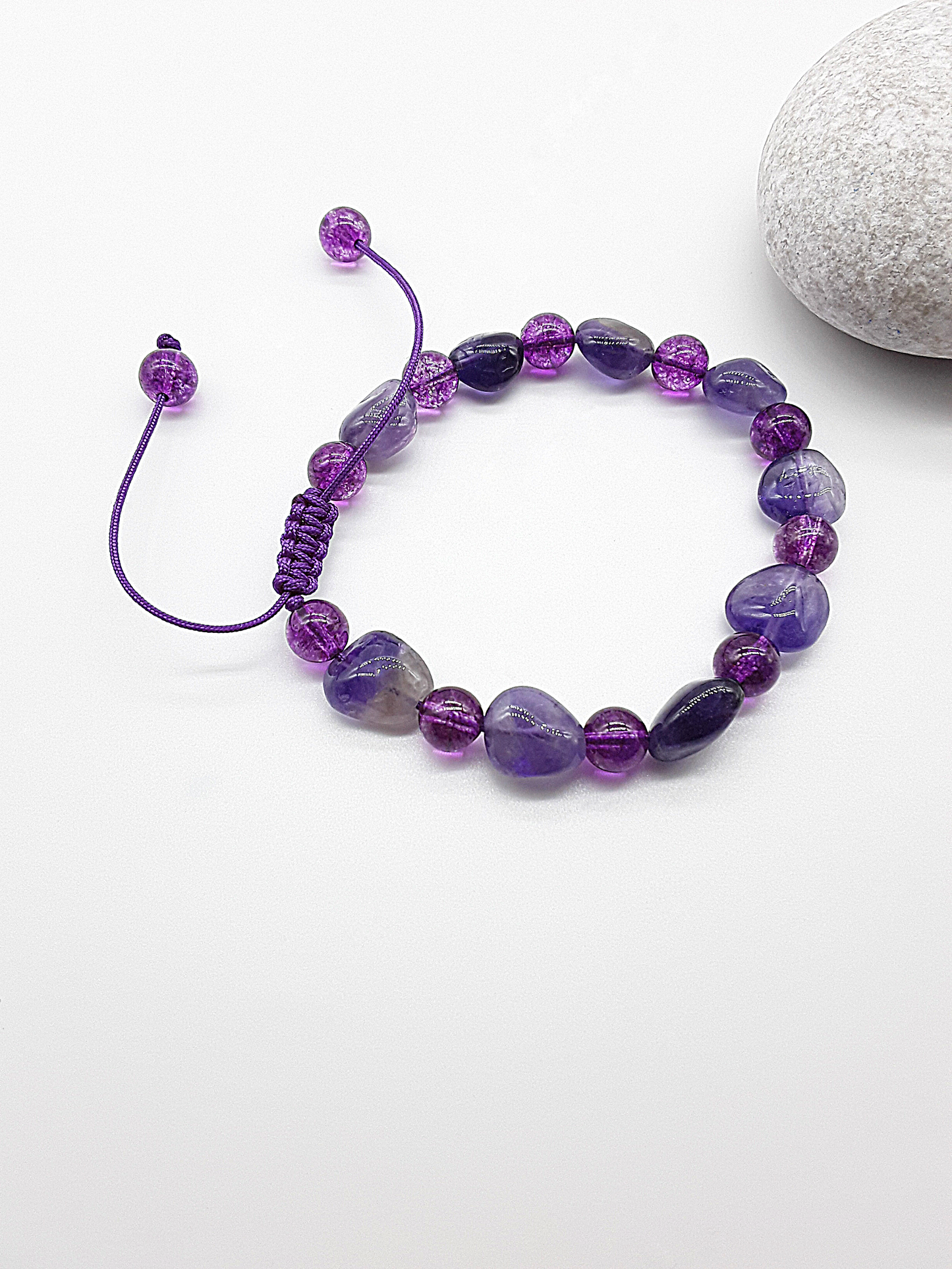 The Mystic Veil Bracelet by Polmadeva – Amethyst and Purple Quartz bracelet symbolizing intuition, clarity, and spiritual harmony.