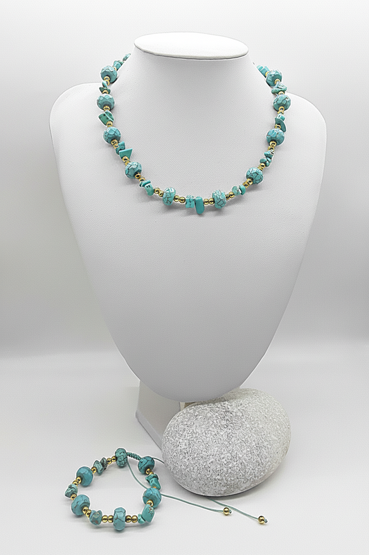 The Tranquil Current Set by Polmadeva – turquoise, howlite and hematite necklace and bracelet set symbolizing serenity, strength, and balance