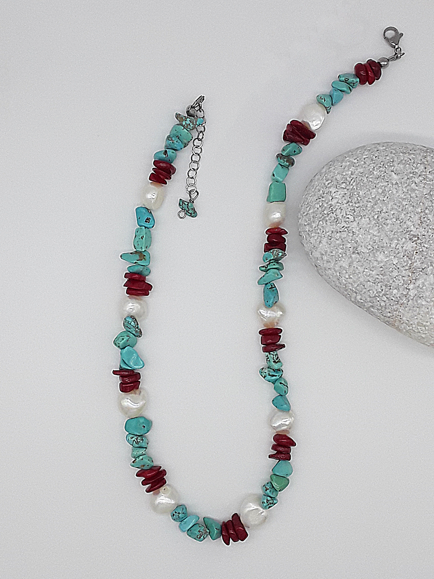 The Ocean’s Renewal Necklace by Polmadeva – turquoise, pearl and red coral necklace symbolizing the ocean’s rhythm and renewal