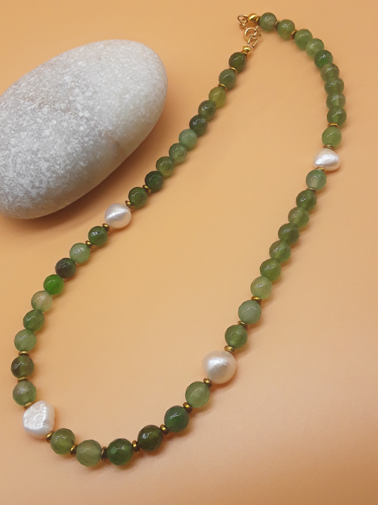 As You Are Agate and irregular Freshwater Pearl necklace with Hematite spacers and 925 Sterling Silver clasp by POLMADEVA