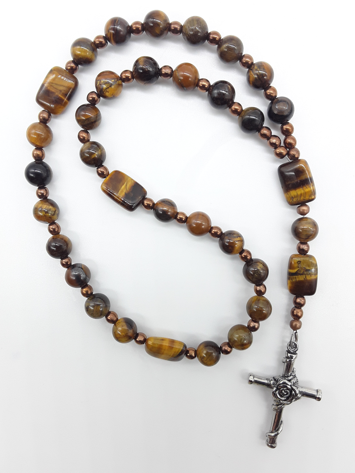 The Steady Gaze Anglican Prayer Beads by Polmadeva in Tiger’s Eye and Hematite with Rosicrucian Cross on white background