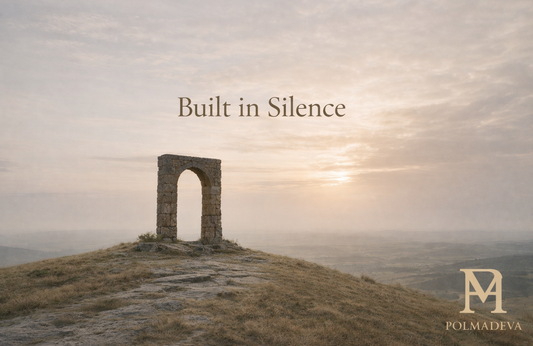 Landscape image of a minimal stone architectural structure under soft morning light, symbolizing quiet strength and inner structure, with the title “Built in Silence” and the Polmadeva logo in the lower right corner.