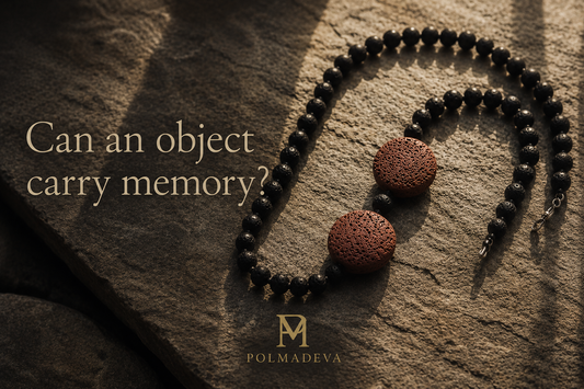 A close-up of a Polmadeva beaded bracelet resting on a textured stone surface in warm natural light, with the text “Can an object carry memory?” and the Polmadeva logo.