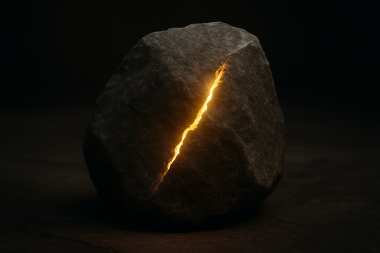 Symbol of resilience — a dark stone cracked open by inner light, representing the strength within.