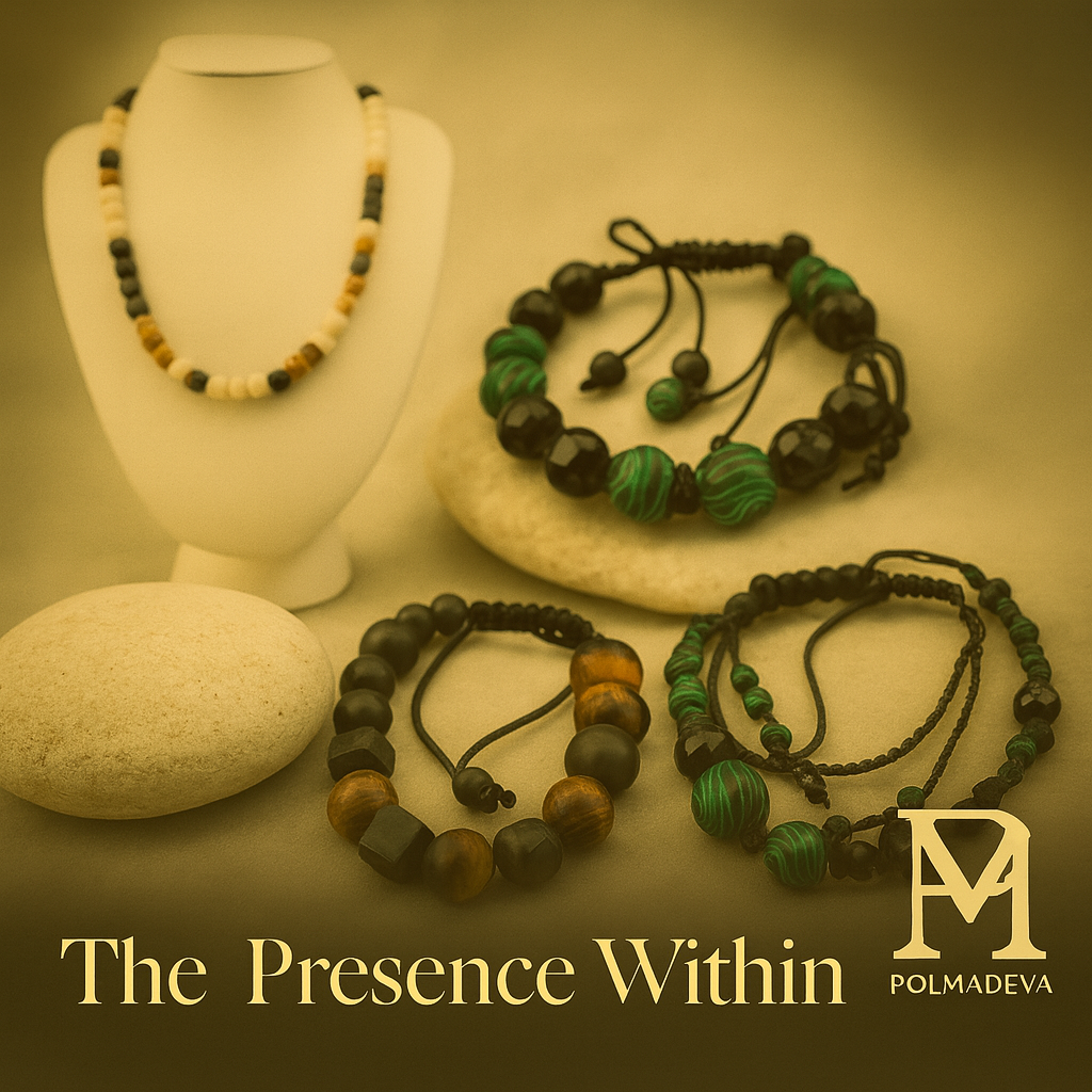 Handcrafted Polmadeva jewelry in warm amber light — necklaces and bracelets that embody presence, beauty, and stillness.