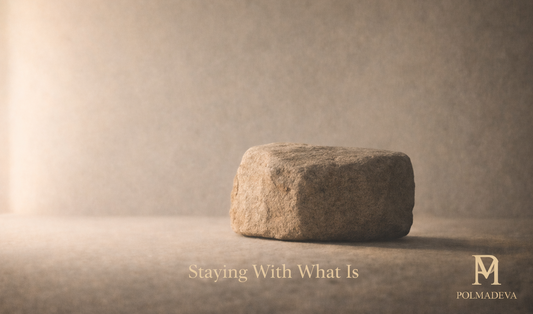 A natural stone resting on a textured surface in soft light, with the Polmadeva logo.