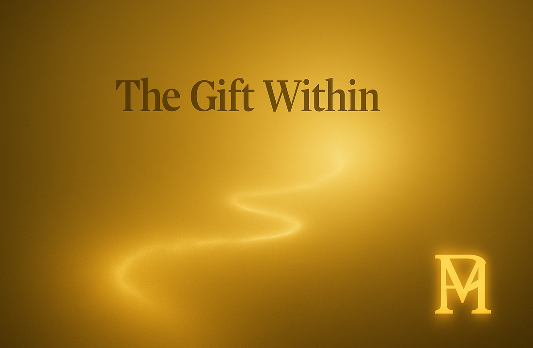 Golden abstract light with a subtle winding glow, symbolizing inner choice and intention, with ‘The Gift Within’ title and Polmadeva logo.