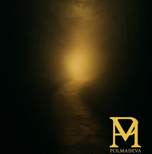 A dark forest path curving toward a soft golden light, with the Polmadeva logo in the bottom right corner.