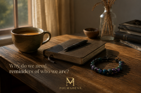 A warm morning scene with natural light on a wooden table, featuring a coffee cup, notebook, and a Polmadeva bracelet, with the text “Why do we need reminders of who we are?” and the Polmadeva logo.