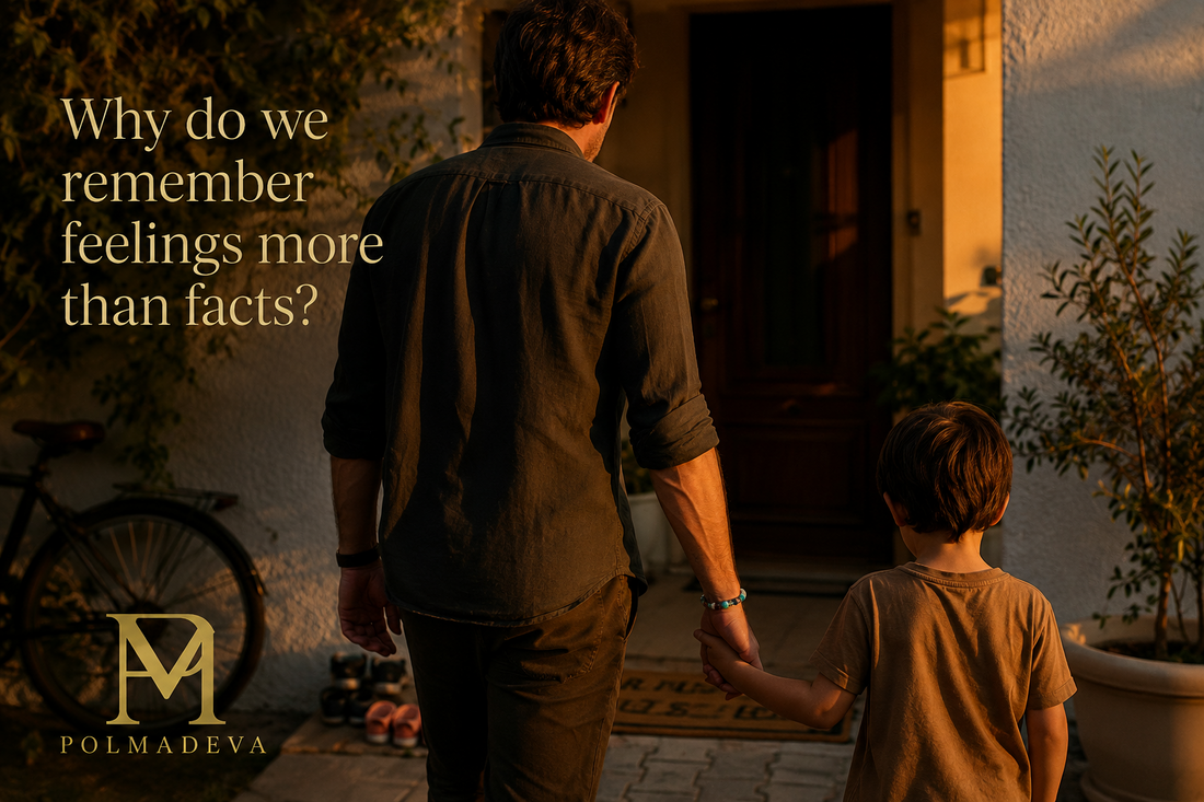 An adult holding a child's hand walks home at sunset, wearing a handcrafted Polmadeva bracelet, capturing the quiet beauty of everyday family moments and the memories they become.