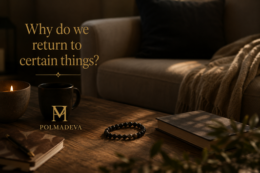 A cozy living room scene with a sofa and warm natural light, where a bracelet rests on a wooden table beside everyday objects, evoking a quiet moment of return and reflection.