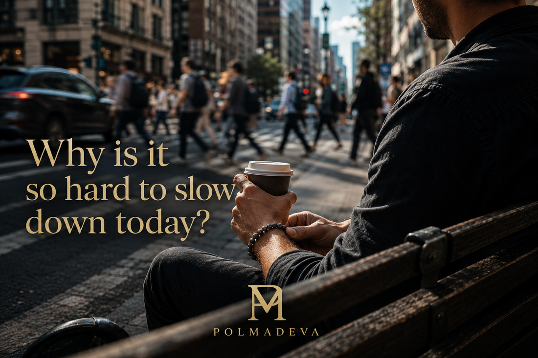 A busy city street with people and traffic in motion, while a person sits on a bench holding a coffee and touching a bracelet, with the text “Why is it so hard to slow down today?” and the Polmadeva logo.