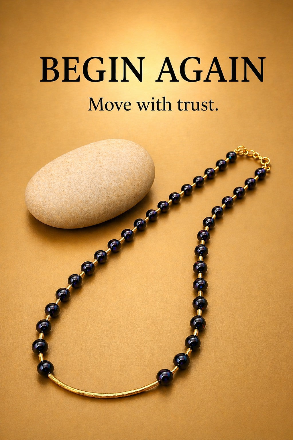 Amethyst bead necklace (8 mm) with hematite accents and gold-finish sterling silver arc on warm brown background — BEGIN AGAIN collection, “Move with trust.” by Polmadeva.