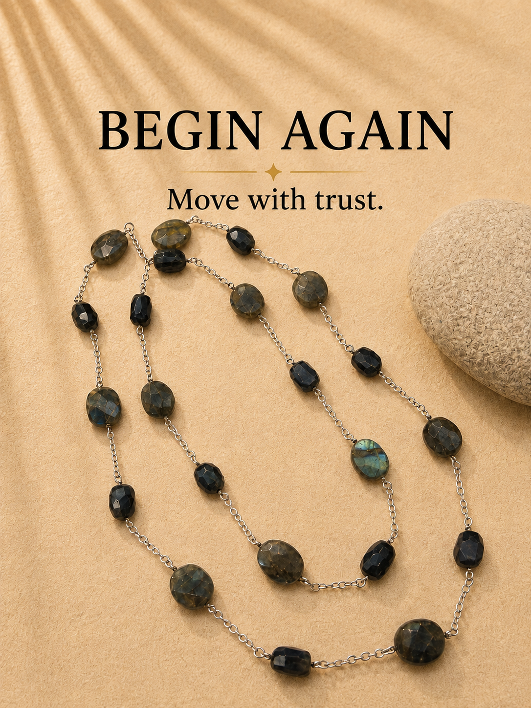 BEGIN AGAIN Labradorite and Black Onyx long necklace with silver chain by POLMADEVA.