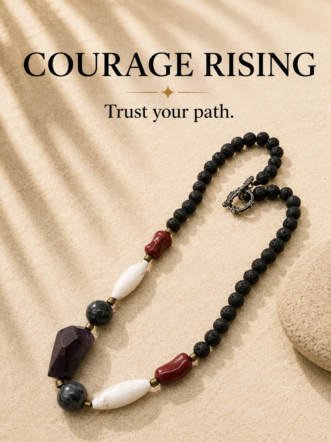 COURAGE RISING Lava Stone necklace with mixed natural gemstones and statement pendant by POLMADEVA.
