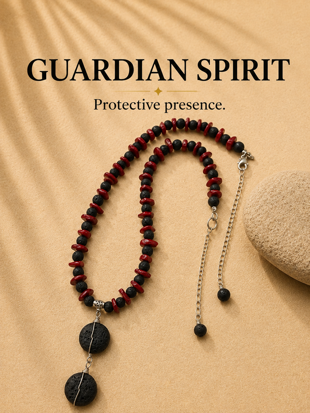GUARDIAN SPIRIT Red Coral and Lava Stone necklace with silver details by POLMADEVA.