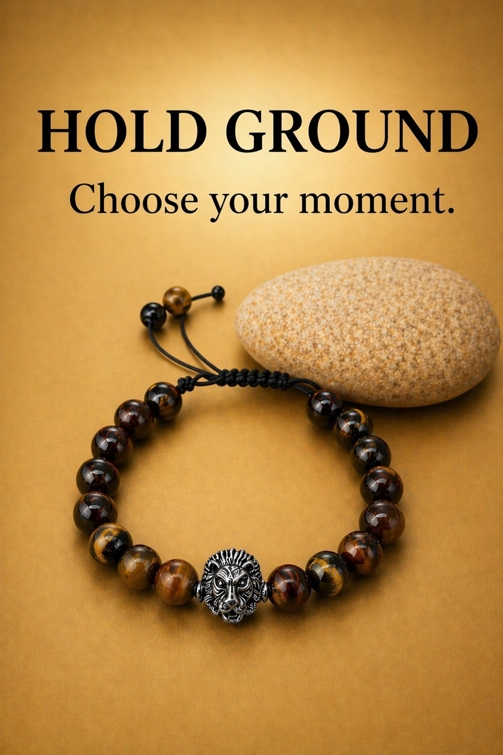 Tiger’s Eye beaded bracelet with silver lion head on warm brown background — HOLD GROUND collection, “Choose your moment.” by Polmadeva.