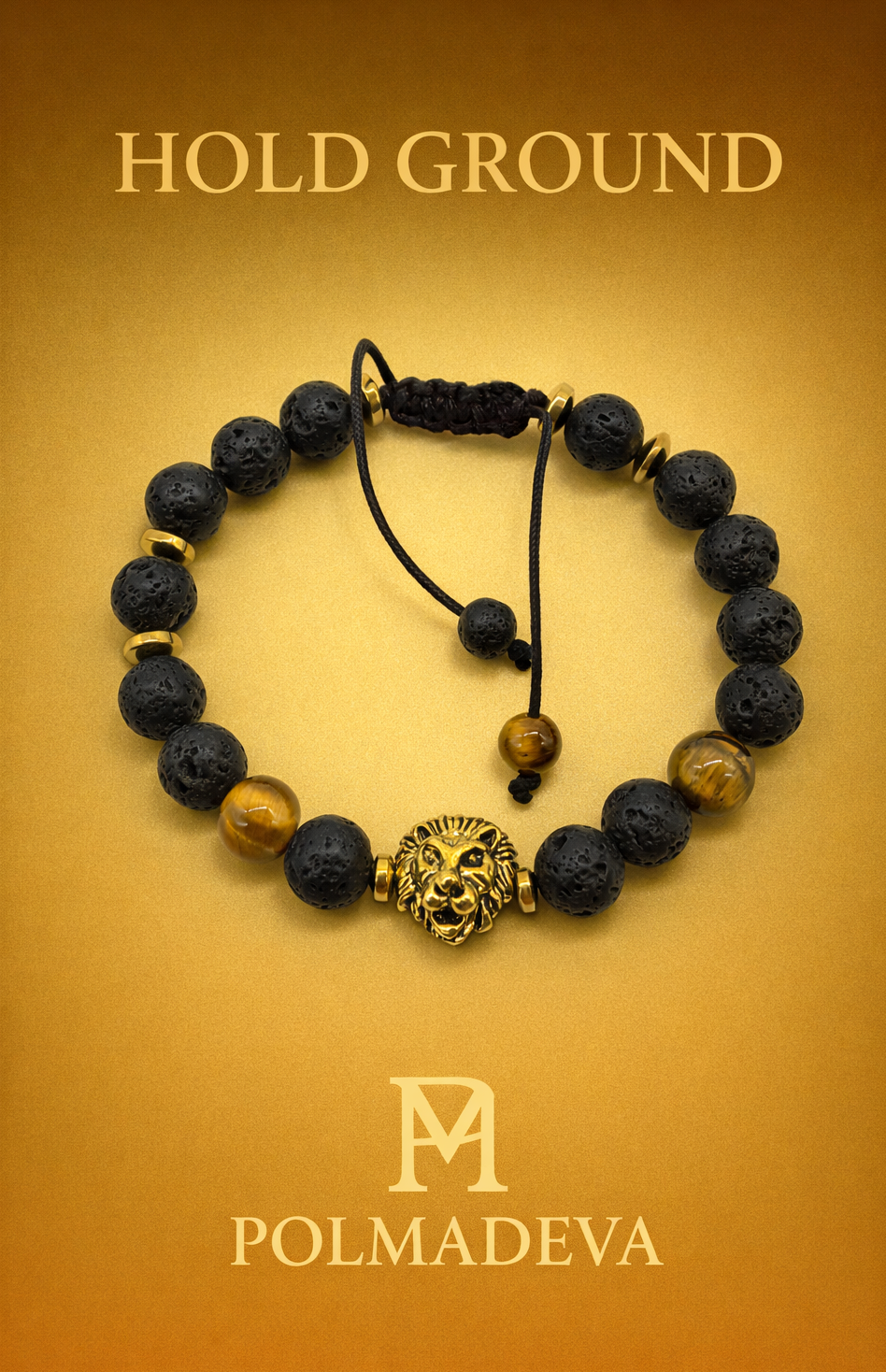 POLMADEVA Hold Ground bracelet with black lava stone beads, tiger’s eye accents, and a gold lion head centerpiece on a warm gold background.