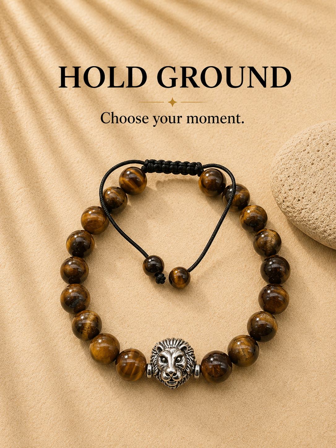 HOLD GROUND Tiger’s Eye bracelet with silver lion centerpiece by POLMADEVA.
