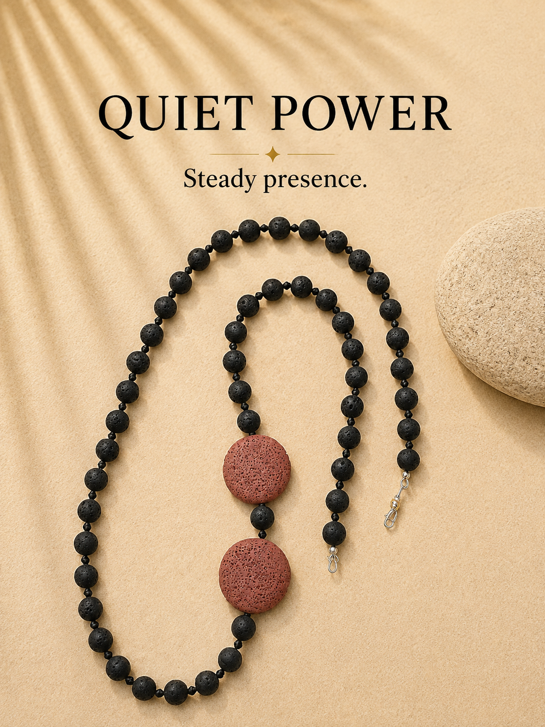 QUIET POWER Lava Stone necklace with red Lava Stone statement beads by POLMADEVA.