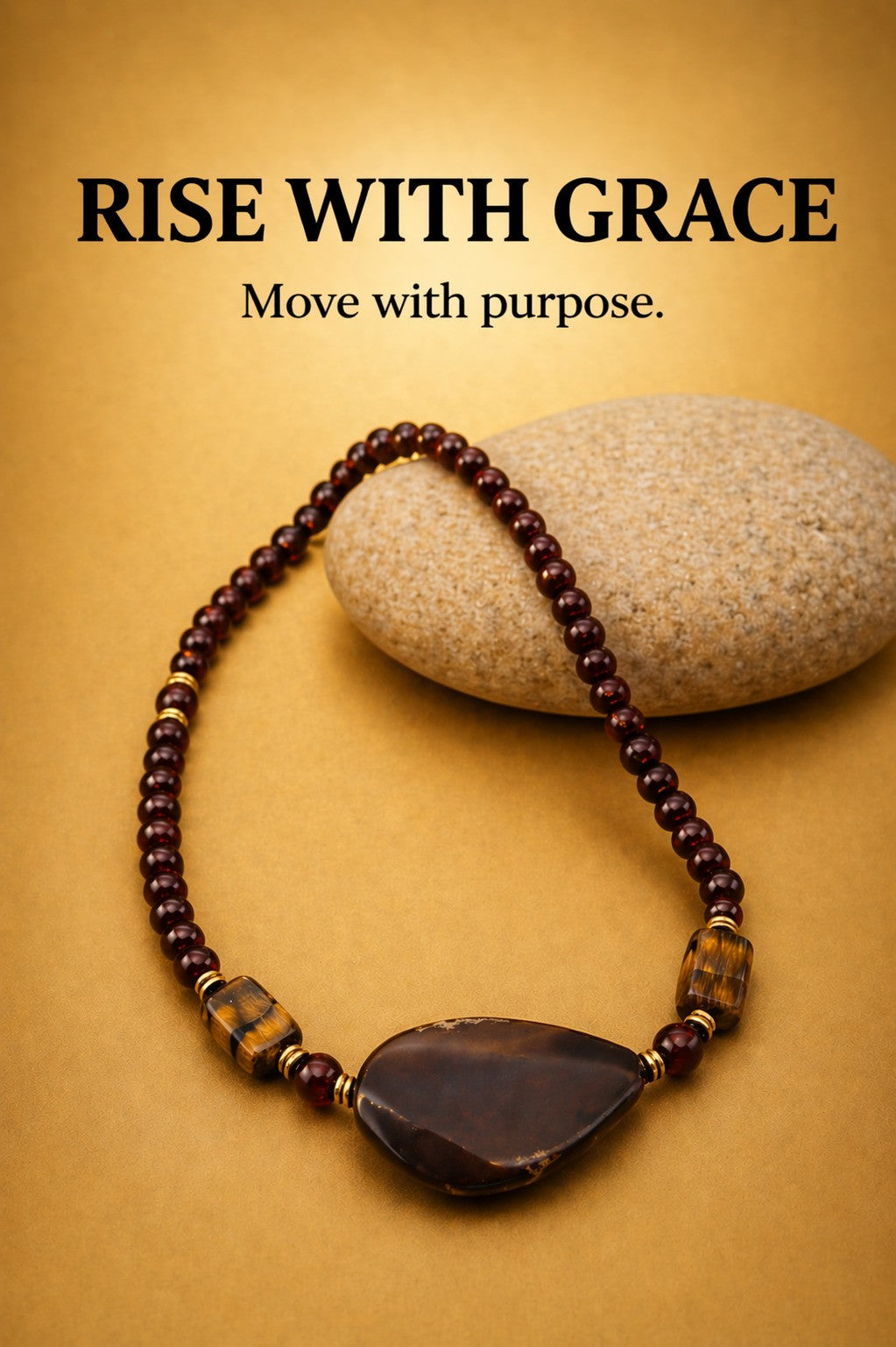 Carnelian bead necklace (6–8 mm) with Tiger’s Eye square beads (12 mm) and agate stone pendant (approx. 4 cm) on warm brown background — RISE WITH GRACE collection, “Move with purpose.” by Polmadeva.