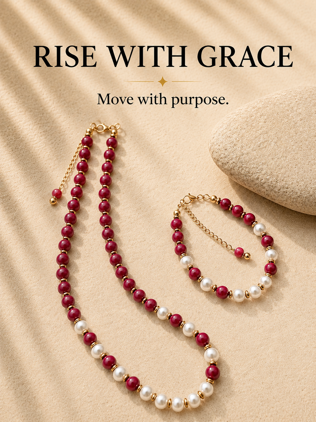 Handcrafted red gemstone and freshwater pearl necklace and bracelet set by POLMADEVA.