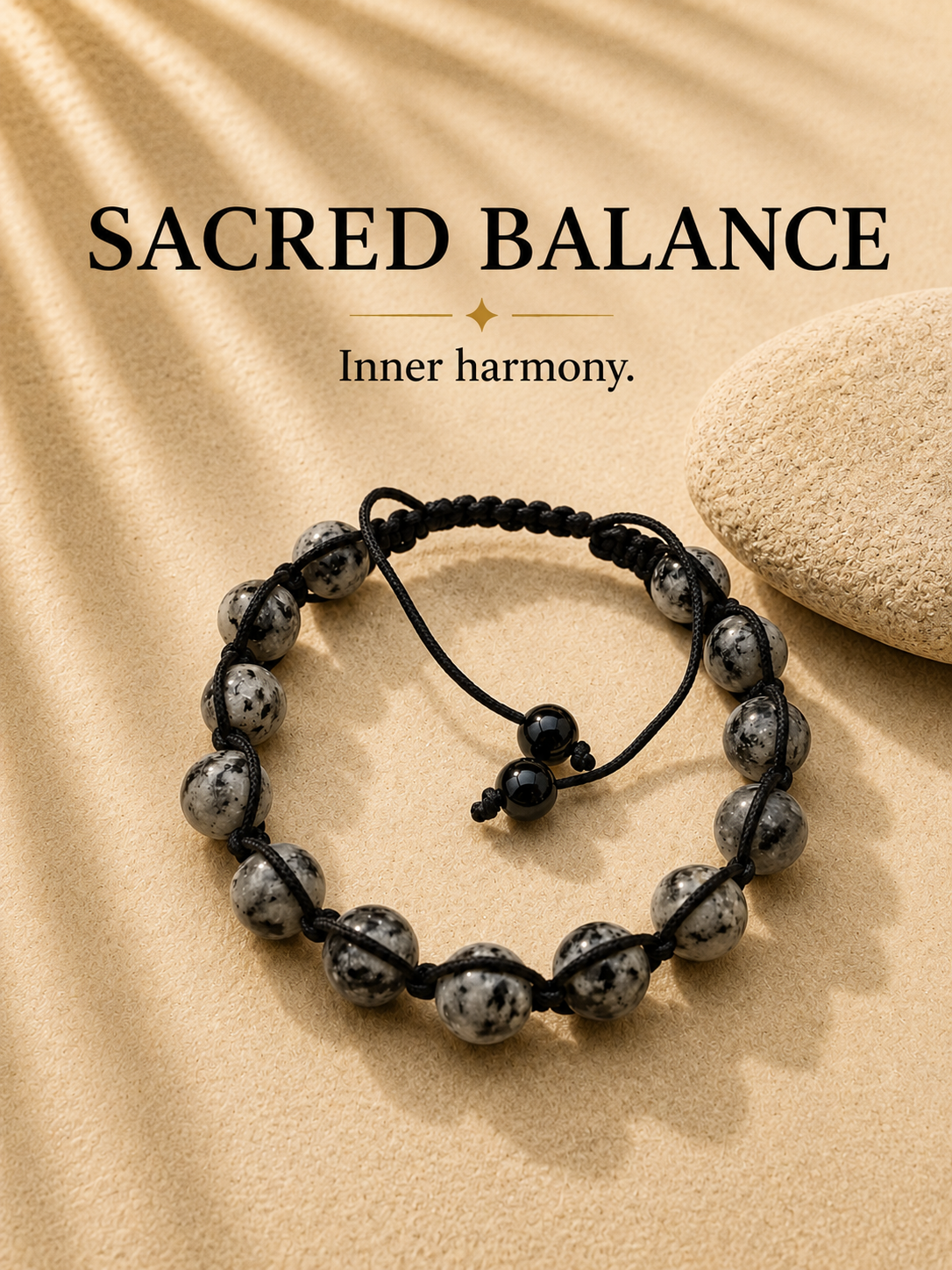 SACRED BALANCE grey gemstone beaded bracelet with black cord by POLMADEVA.
