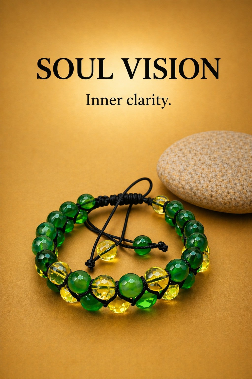 Green and yellow beaded bracelet with black cord on warm brown background — SOUL VISION collection, “Inner clarity.” by Polmadeva.