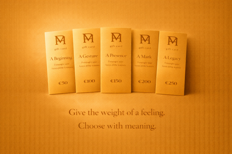 Polmadeva gift cards collection with five gold cards (€50 to €250) featuring PM monogram and the message “Give the weight of a feeling. Choose with meaning.