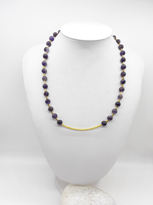 Renewal Arc Necklace by Polmadeva – amethyst and hematite beads with golden 925 silver arc
