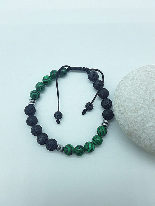 The Guardian Flame Bracelet by Polmadeva – malachite, lava stone and hematite bracelet symbolizing courage, resilience, and fearless growth