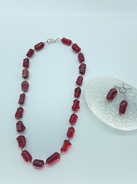 The Emberfire Set by Polmadeva – red coral and 925 silver necklace and earrings symbolizing courage, fire, and timeless elegance