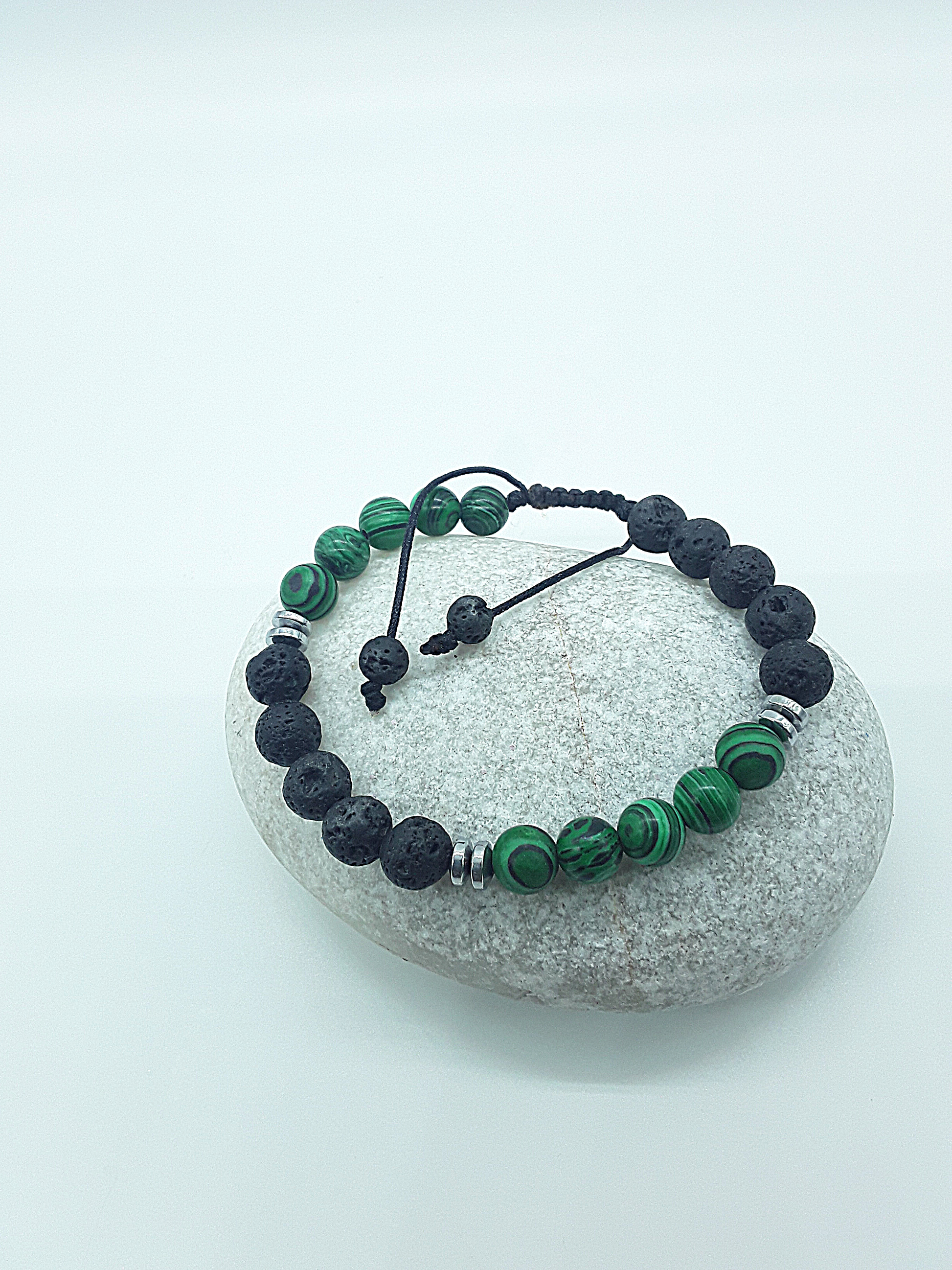 The Guardian Flame Bracelet by Polmadeva – malachite, lava stone and hematite bracelet symbolizing courage, resilience, and fearless growth