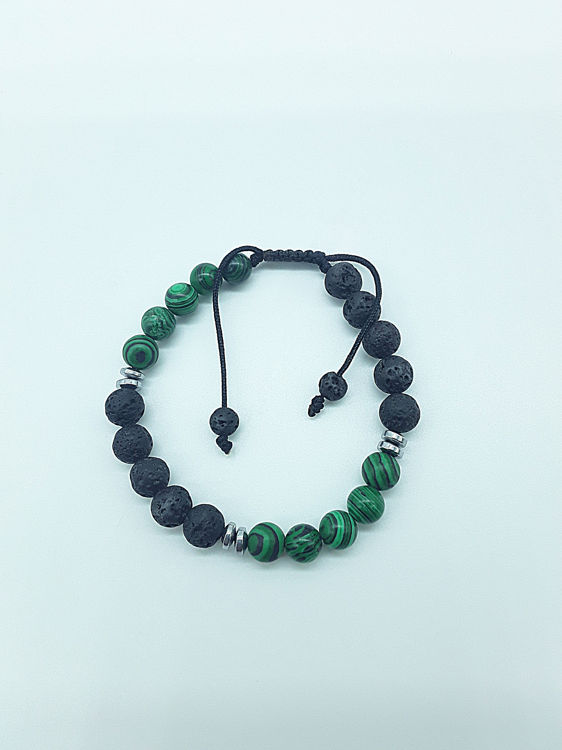 The Guardian Flame Bracelet by Polmadeva – malachite, lava stone and hematite bracelet symbolizing courage, resilience, and fearless growth