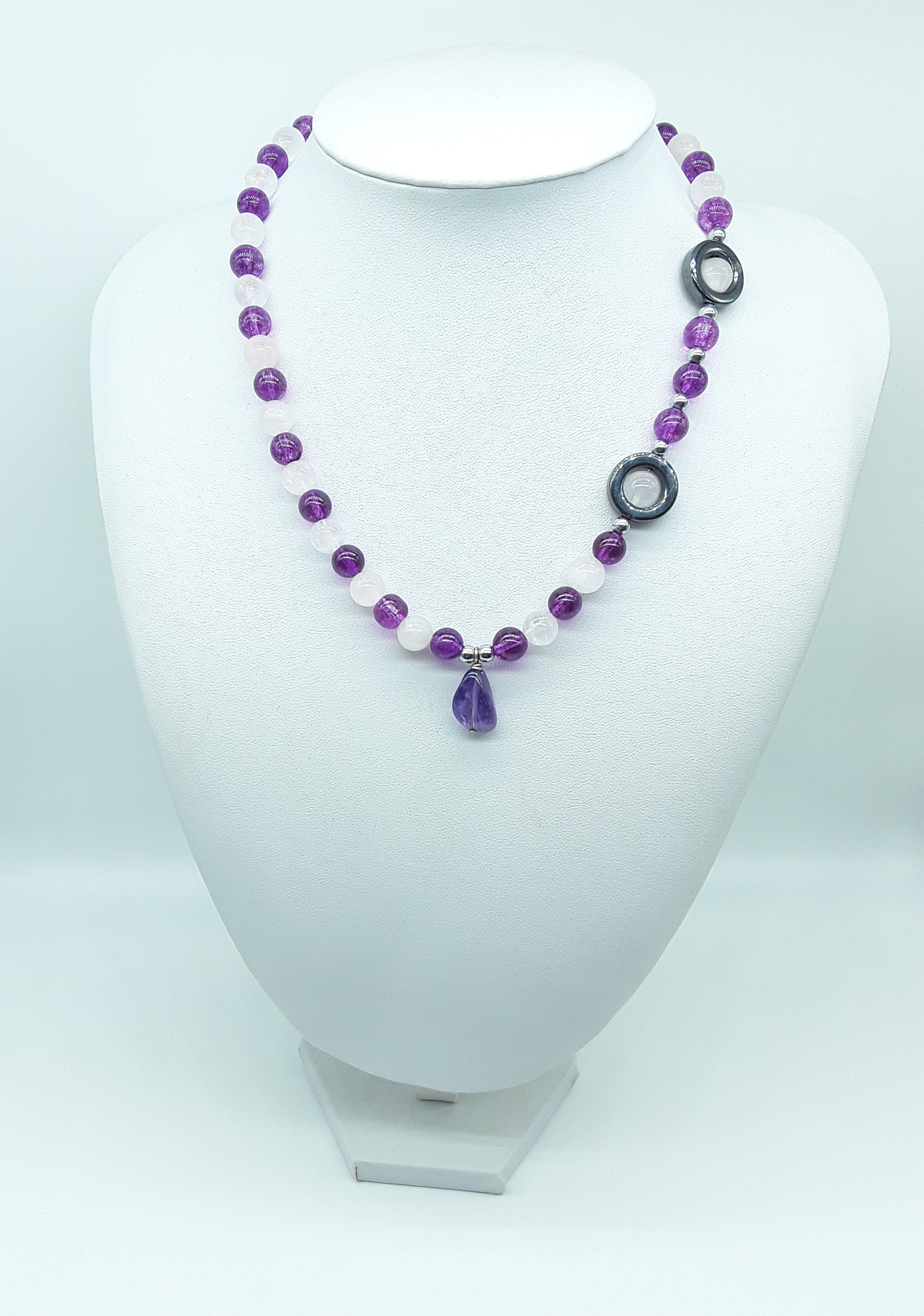 The Amara Necklace by Polmadeva – amethyst, rose quartz and hematite necklace symbolizing balance, tenderness, and refined strength