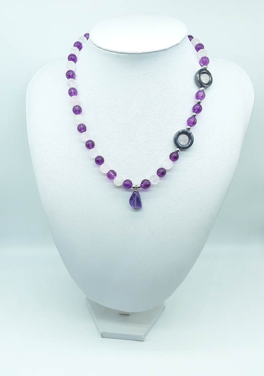 The Amara Necklace by Polmadeva – amethyst, rose quartz and hematite necklace symbolizing balance, tenderness, and refined strength