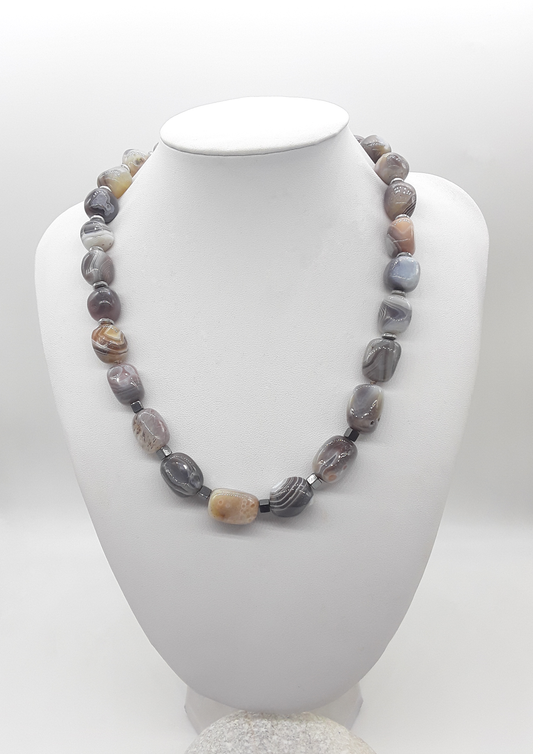 The Earth Horizon Necklace by Polmadeva – Botswana Agate and Hematite necklace inspired by ancient landscapes and grounded harmony.