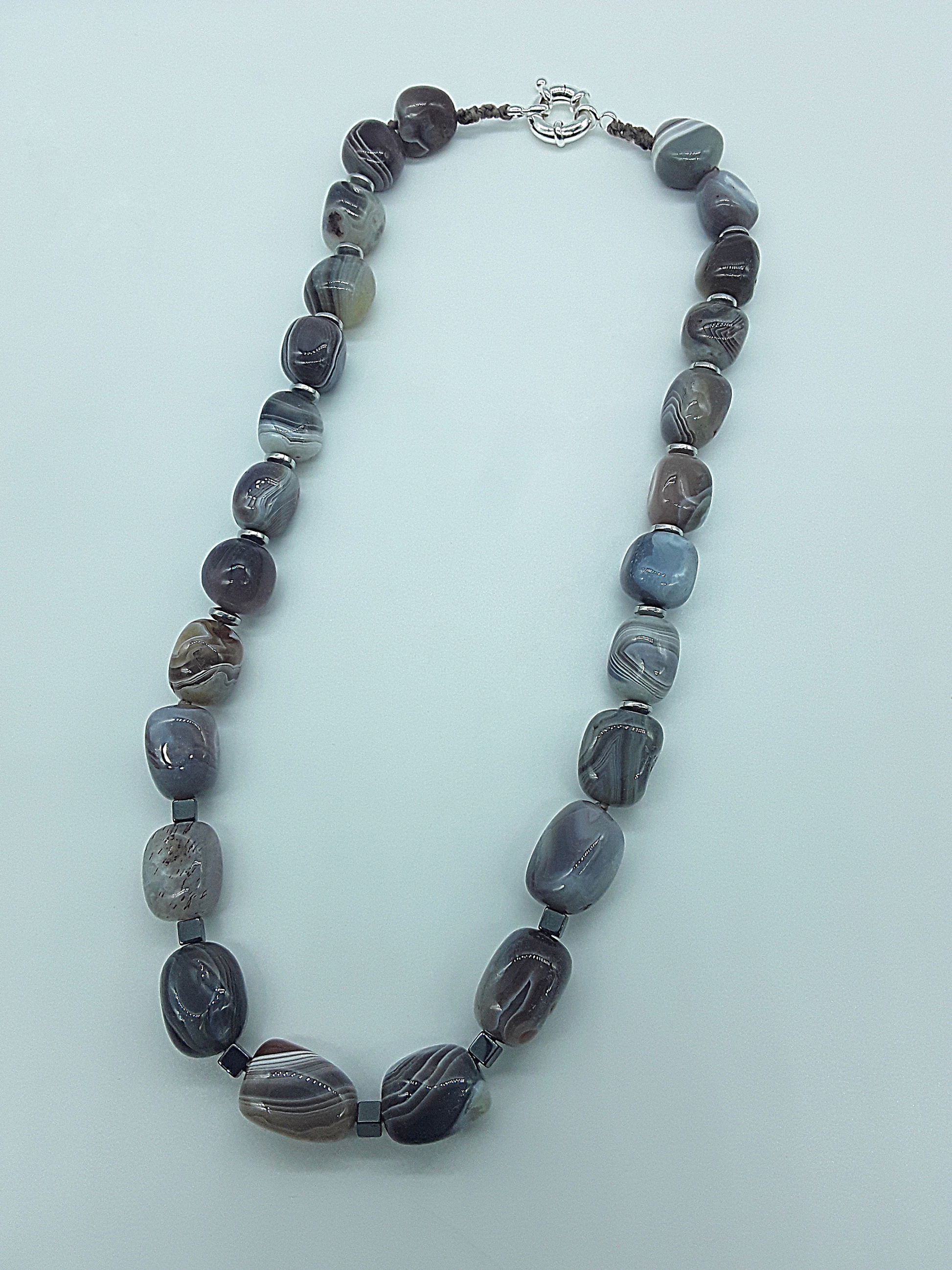 The Earth Horizon Necklace by Polmadeva – Botswana Agate and Hematite necklace inspired by ancient landscapes and grounded harmony.