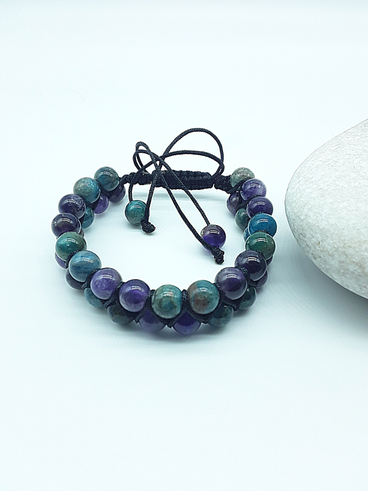 The Soul Renewal Double Bracelet by Polmadeva – amethyst and apatite double-strand bracelet symbolizing clarity and new beginnings