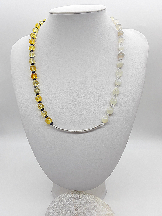 Dawn Arc Necklace by Polmadeva – Citrine, Moonstone, Quartz Crystal & Ruby necklace in 925 silver symbolizing renewal and new beginnings.
