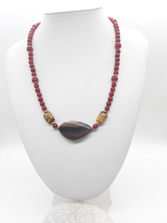 The Ember Grace Necklace by Polmadeva – carnelian, tiger’s eye, and agate necklace symbolizing courage, clarity, and graceful strength